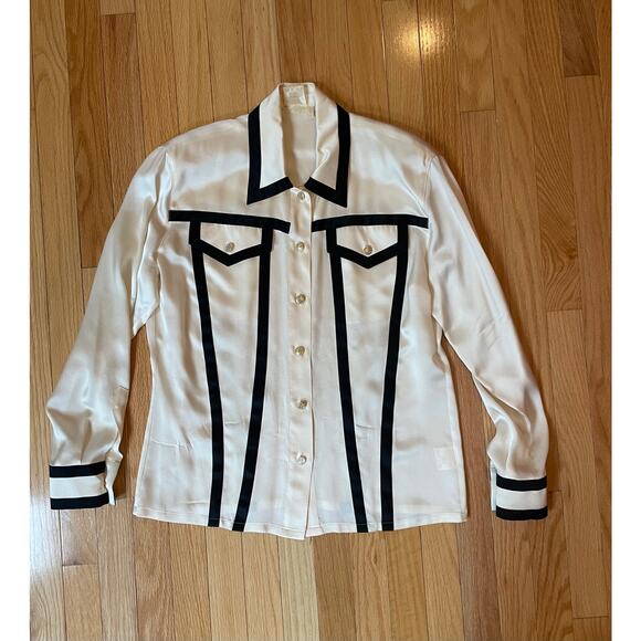 Silk 80s Escada Couture Blouse, Creme w/ Black Trim, Gold w/ Rhinestone Buttons - Picture 1 of 6